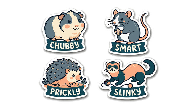 Cute Cartoon Pets Sticker Pack: A delightful collection of four cartoon-style stickers featuring a chubby guinea pig, a smart mouse, a prickly hedgehog, and a slinky ferret.