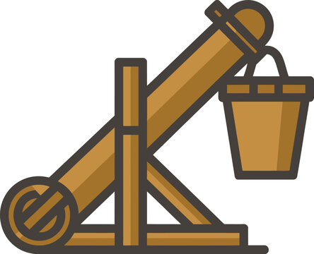 Flat of a wooden medieval catapult with a bucket, brown siege engine for historical strategy games and military history