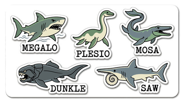 Prehistoric Sea Creatures Collection: A vibrant collection of illustrated prehistoric marine reptiles and fish, including Megalodon, Plesiosaurus, Mosasaurus, Dunkleosteus, and Helicoprion.
