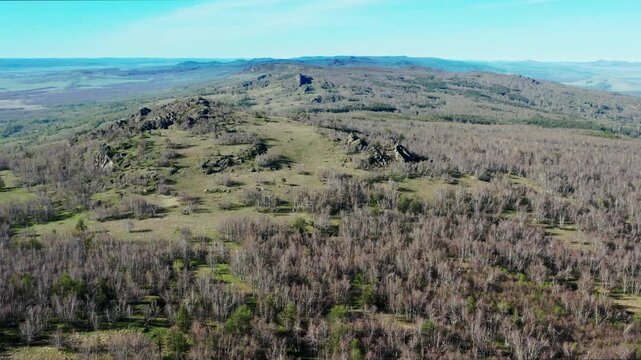 Urals in spring: Irendyk ridge, Mount Karatashmas. Aerial view.