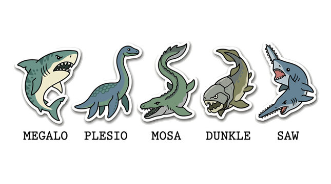Prehistoric Sea Creatures: A whimsical illustration featuring five distinct prehistoric marine animals, including sharks, a plesiosaur, a mosasaur, and a dunkleosteus.