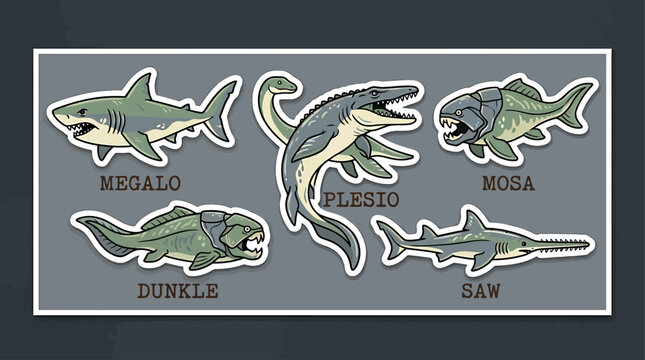 Prehistoric Marine Giants: A vibrant illustration showcases a collection of ancient sea creatures, including a megalodon, plesiosaurus, mosasaurus, dunkleosteus, and a sawfish.