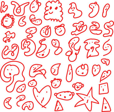 Hand Drawn Red Doodle Icon Collection with Playful Outline Symbols and Creative Sketch Elements