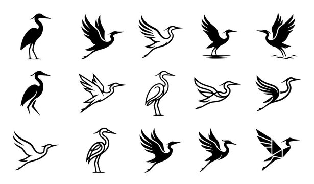 Modern Heron Bird Logo Vector Collection with Flying Crane and Egret Icon Templates