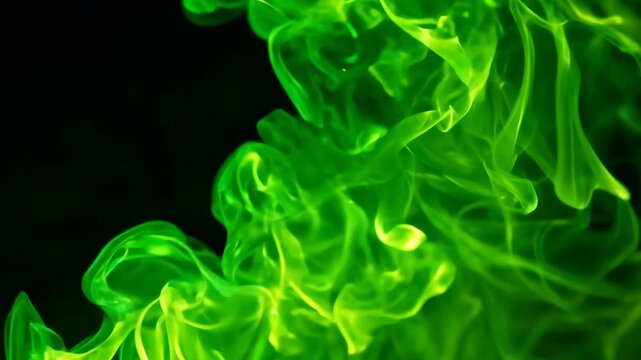 Abstract green smoke waves on black background, flowing light swirl motion, colorful incense-like mist texture, artistic fire curve pattern backdrop