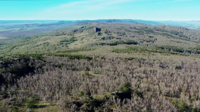 Urals in spring: Irendyk ridge, Mount Karatashmas. Aerial view.