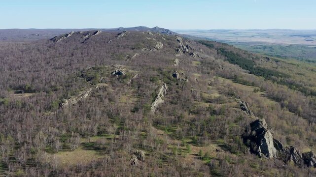 Urals in spring: Irendyk ridge, Mount Karatashmas. Aerial view.