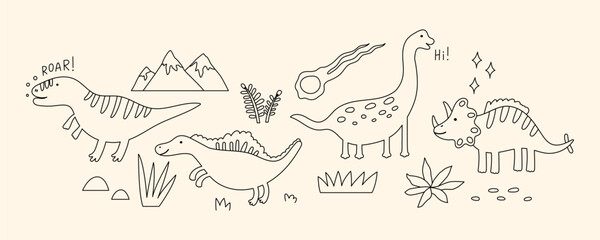 Beige Outline Cute Dinosaur Set Element. Line Dino Animal Kit. Doodle Dinosaur Collection for Color Page Book. Vector Handdrawn Illustration © Anna Drozdova