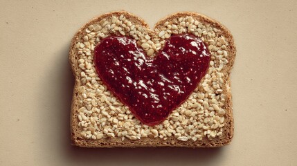 Fototapeta premium Creative Heart-Shaped Jam Design on Whole Grain Bread Slice for Food Art Concept and Healthy Breakfast Inspiration