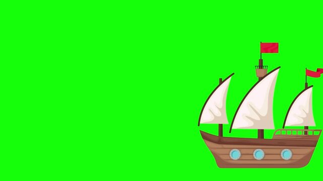 Cartoon Sailing Ship on Green Screen Background for Animation or Design