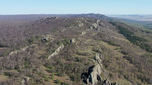 Urals in spring: Irendyk ridge, Mount Karatashmas. Aerial view.
