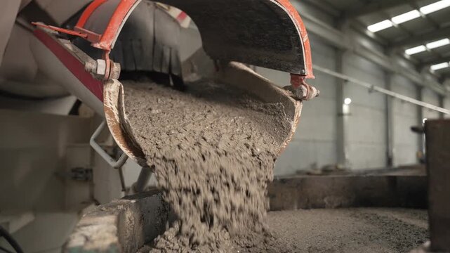A concrete mixer pours out its load into a container, illustrating the workflow in construction where raw materials are processed for building strong structures, fa01