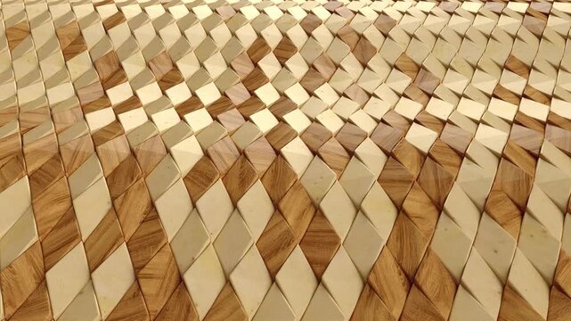 3D animation of abstract wooden rhombus tiles moving in a seamless wave pattern. Geometric background with natural wood textures.