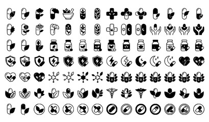 Fototapeta premium Herbal Supplement Capsule Vector Icon Collection Wellness Symbols EPS10