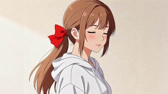 Anime girl with red bow in hair