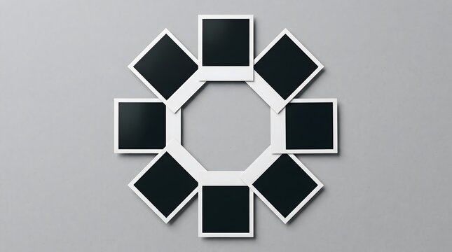 Eight blank instant photo frames arranged in a circular pattern on a grey background.