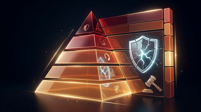 Digital security pyramid with cracked shield and legal gavel icons