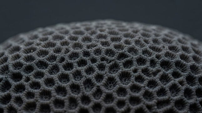 Macro view of charcoal grey stony coral texture featuring organic cellular grid patterns and intricate porous reef structures