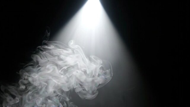 Mystical Mist Illuminated A bright spotlight pierces the darkness illuminating swirling clouds of ethereal mist creating an atmosphere of mystery and intrigue