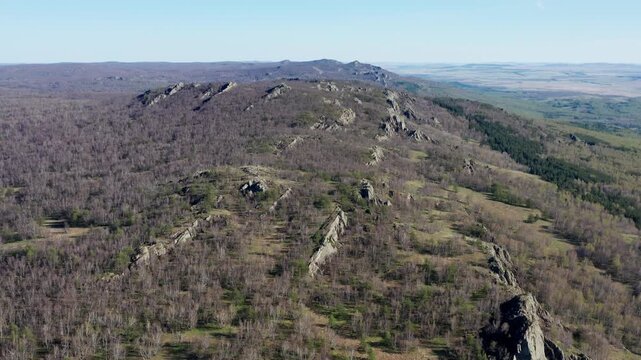 Urals in spring: Irendyk ridge, Mount Karatashmas. Aerial view.