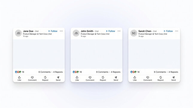 LinkedIn post interface mockup set with blank content screen. Professional social media profile layout with like, comment, repost, share icons. UI UX design for mobile app feed design illustration.