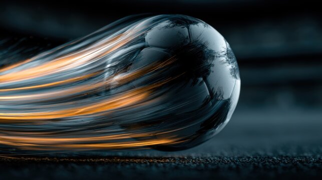 Soccer ball rolls on the field with motion blur during a fast-paced game in the evening