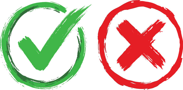 Hand drawn grunge brush stroke green check mark and red cross icons isolated
