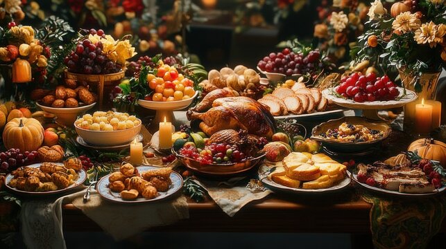 Warm candlelit harvest feast with roasted turkey centerpiece, sliced bread and meats, bowls of grapes, apples, nuts and cheeses, assorted pastries, pumpkins and flowers, evoking cozy joyful abundance