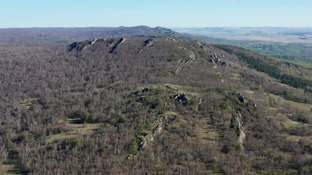 Urals in spring: Irendyk ridge, Mount Karatashmas. Aerial view.