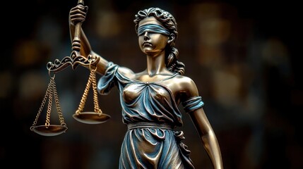 Obraz premium bronze classical female statue in draped robe holding balance scales with blurred face, dramatic warm lighting conveying solemn authority