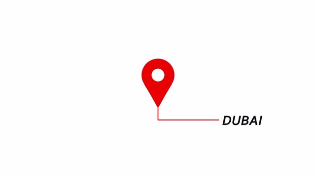 Location of country  Dubai ,the name of the place with the location has been displayed in 4K animation with alpha  CHANNEL  GPS location tracking icon. Location pin icon on transparent background 