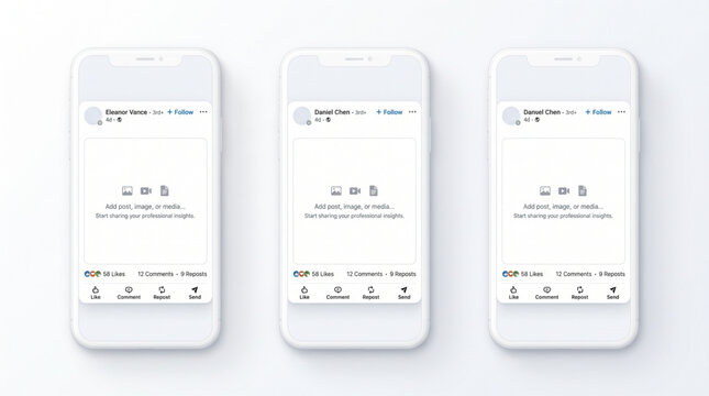 LinkedIn post UI layout template mockup mobile interface showing professional network feed, white smartphone screen outline set for social media app design, corporate business profile UI UX mockup.
