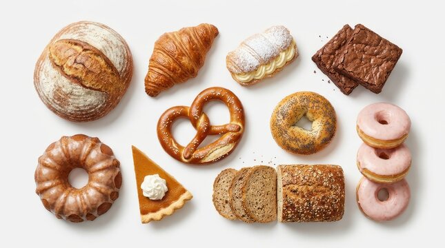 Top view collection of freshly baked artisan bread and assorted sweet pastries on white background.
