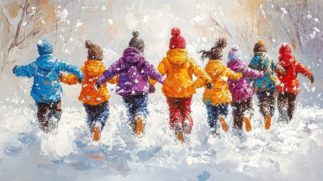 Eight children in bright winter coats and knit hats running through deep snow in a snowy forest, joyful and playful, leaving footprints and kicking up powder