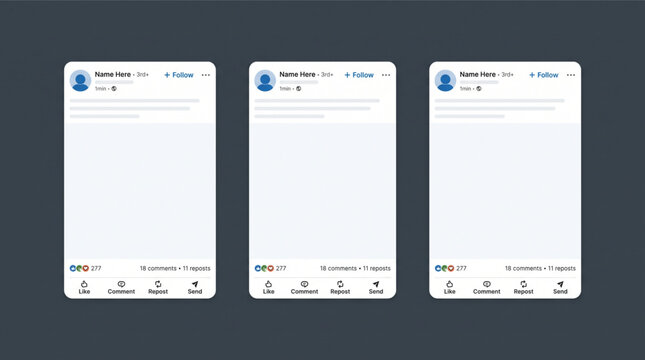 LinkedIn post UI layout template mockup set with mobile interface feed, blank content screen social media profile vector illustration, digital professional network smartphone app feed design mockup