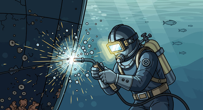 Illustration of a commercial diver performing underwater welding repairs on a ship hull.