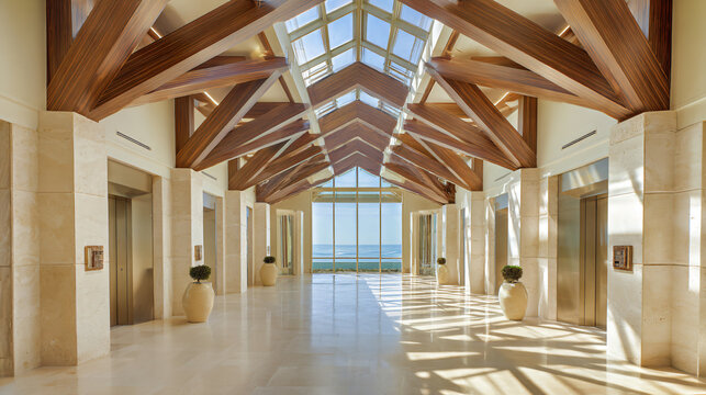 masterpiece luxury architectural hall with oversized skylights projecting dramatic vertical beams of sunlight onto smooth limestone floors, endless horizon