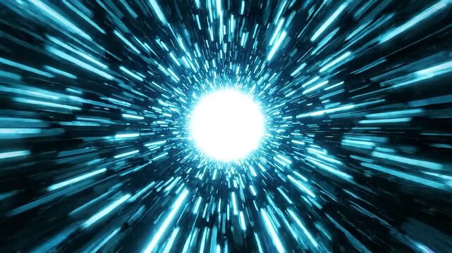 Cosmic Journey A vibrant blue light tunnel effect representing warp speed or hyperspace travel draws the viewer into a bright energetic core
