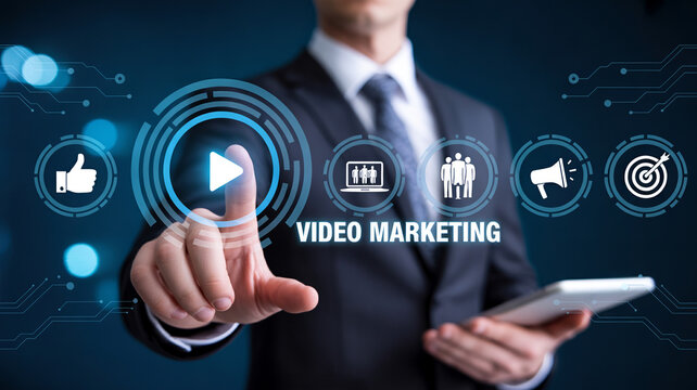 Businessman interacting with digital video marketing interface on tablet