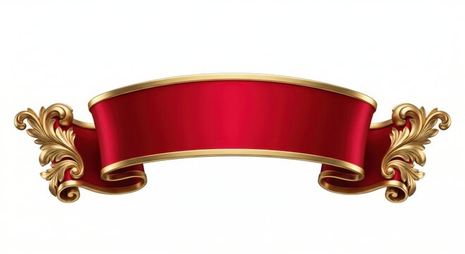 Red banner scroll with intricate gold acanthus leaf ornaments.