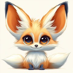 Fototapeta premium Adorable fluffy fennec fox cub sitting with oversized ears and huge glossy eyes, soft orange and white fur, bushy tail, tiny paws, and a playful smiling expression