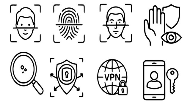 Biometric security icons set, digital identity verification symbols, cybersecurity and data protection vector elements for mobile apps and web interfaces