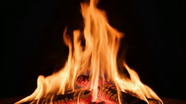 Dramatic Orange Flame Flickering over Burning Wood Log in Dark Background