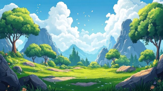 sunny mountain meadow clearing with lush green trees, wildflowers, rocky outcrops, distant peaks, blue sky and fluffy clouds conveying peaceful, uplifting serenity
