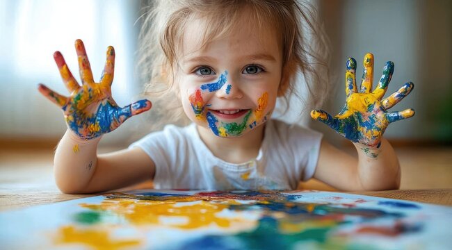 child joyfully showing hands covered in bright multicolored finger paint over a messy painted paper, playful and proud