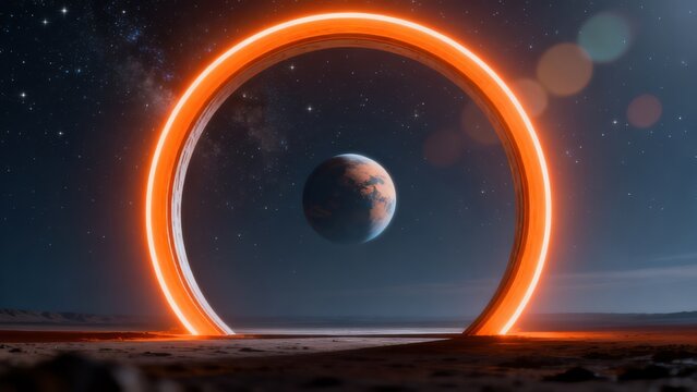Futuristic ring with planet in space