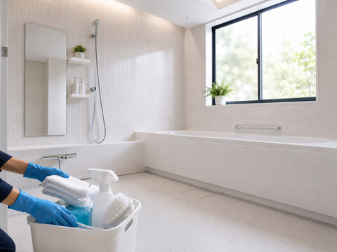 Professional Cleaner Organizing Supplies in a Modern Bathroom