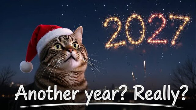 Funny Cat in Santa Hat with 2027 Fireworks New Year Greeting