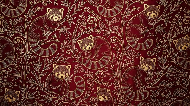Intricate red damask fabric pattern close up.