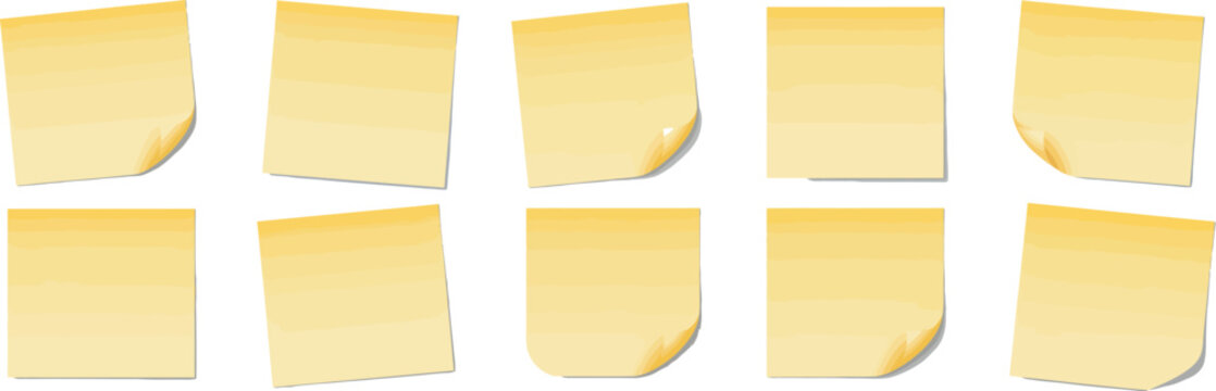 Paper note and checklist vector collection, illustration set showcasing sticky memo cards, reminder boards, thumbtacks, important message squares, blank paper sheets, and realistic folded corner 
